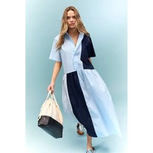 Plan C x RTR Shirtdress Blue Colorblock Cotton Midi Relaxed Womens Sz XS
